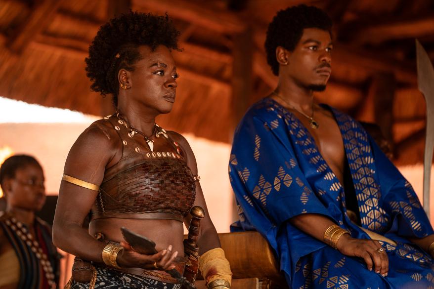 Viola Davis, left, and John Boyega in "The Woman King"