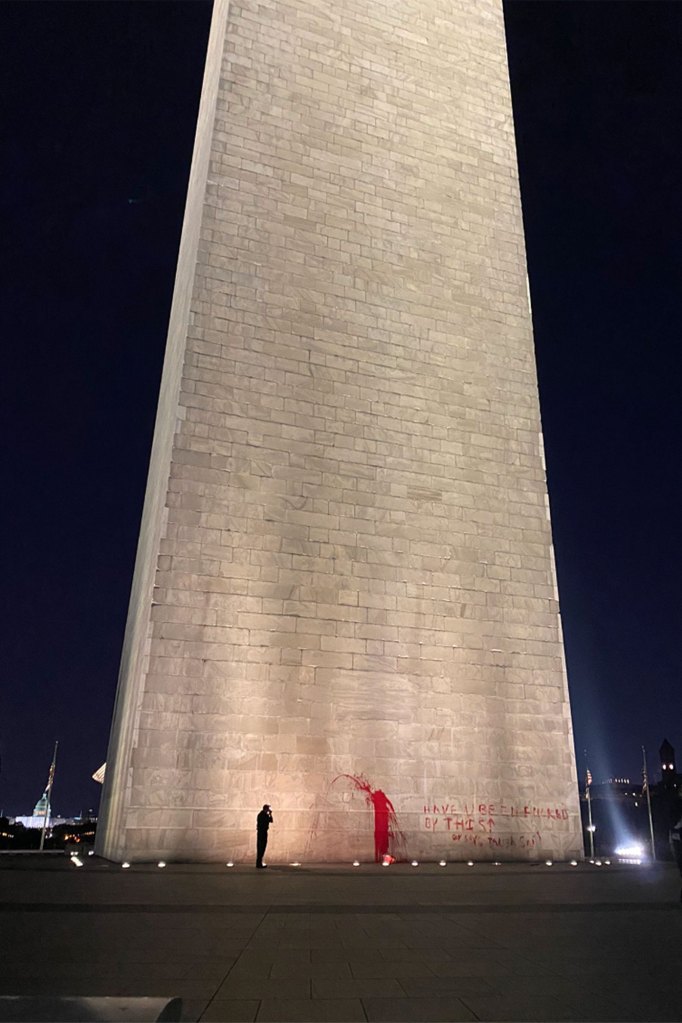 A person stands a the base of Washington Monument. The words "Have u been fucked by this" "Gov says tough shit" are written on the monument in red and red paint is splashed onto it at the base. 