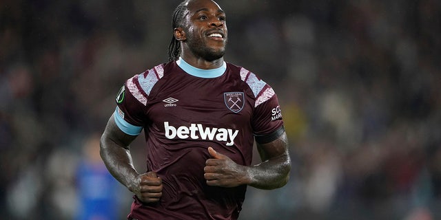 West Ham United's Michail Antonio celebrates scoring their side's third goal of the game during the UEFA Europa Conference League Group B match between West Ham United and FCSB at the London Stadium, London, Thursday Sept. 8, 2022.