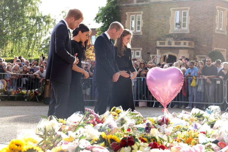 William, Kate, Harry and Meghan view flowers and tributes to Queen Elizabeth.