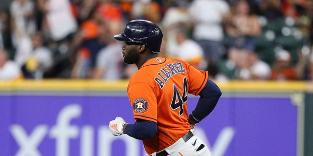 Yordan Alvarez #44 of the Houston Astros hits a home run in the first inning against the Oakland Athletics at Minute Maid Park on September 16, 2022 in Houston, Texas.