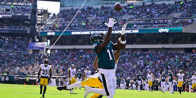 Philadelphia Eagles wide receiver A.J. Brown catches a touchdown pass against the Pittsburgh Steelers on Oct. 30, 2022, in Philadelphia.