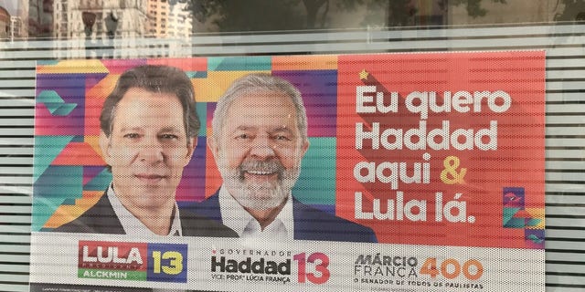 Campaign poster for leftist presidential candidate Lula da Silva in Sao Paulo, Brazil.