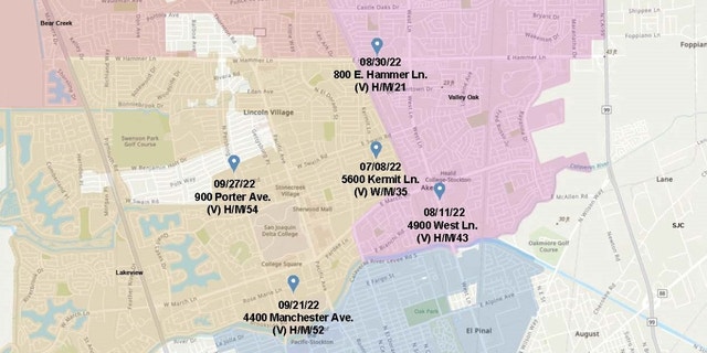 Stockton police share a map showing the locations of five recent homicides within the city.