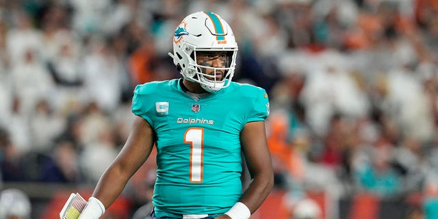 Miami Dolphins quarterback Tua Tagovailoa looks to the sidelines during the first half of his game against the Cincinnati Bengals on Thursday.