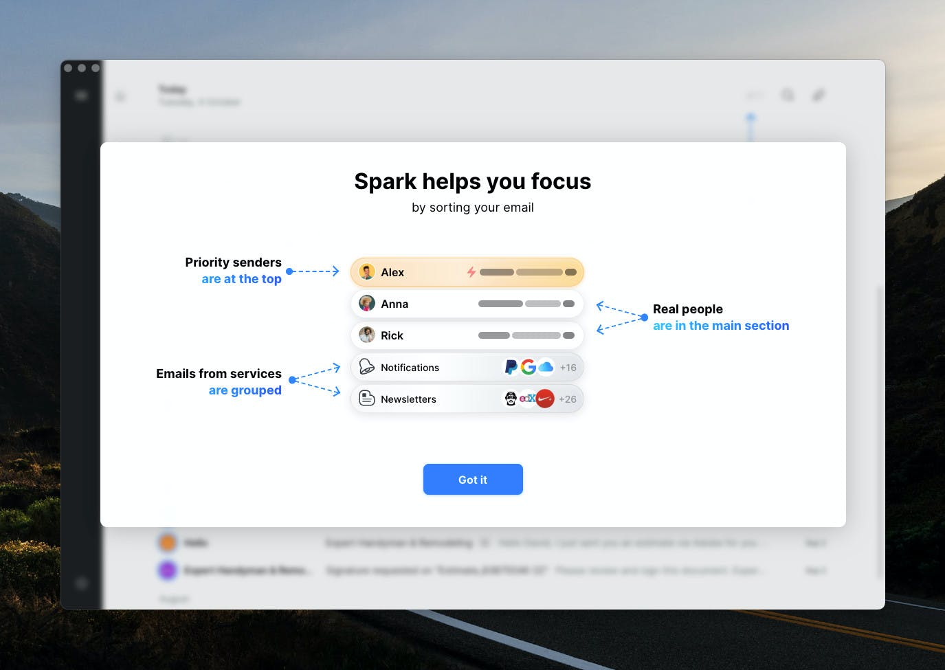 A pop-up in Spark with instructions on how to prioritize emails.