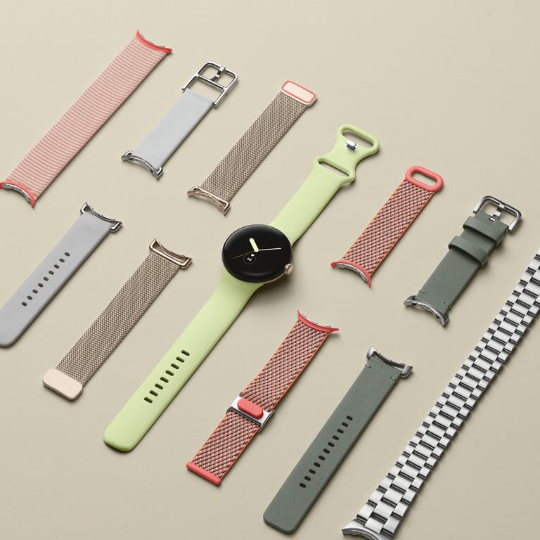 Pixel watch with all the band options laid out on the left and right sides.