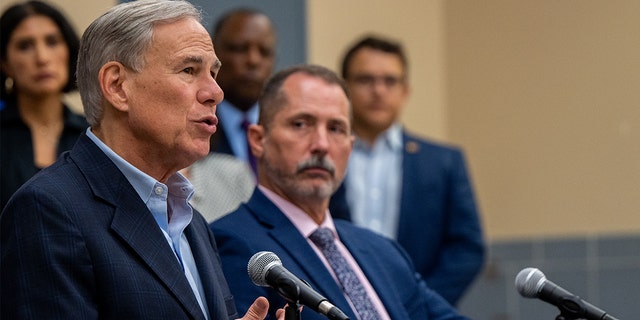 Texas Gov. Greg Abbott speaks on September 13, 2022, in Houston, Texas, alongside President of the Houston Police Officers' Union Douglas Griffith at a 'Back The Blue' press conference. 