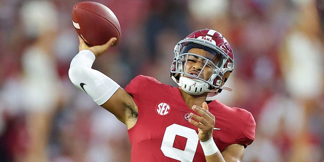 Bryce Young, #9 of the Alabama Crimson Tide, throws a pass against the Vanderbilt Commodores during the first half of the game at Bryant-Denny Stadium on Sept. 24, 2022 in Tuscaloosa, Alabama.