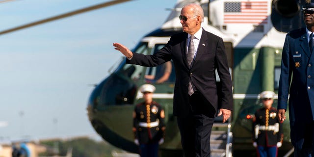 President Joe Biden boards Air Force One at Andrews Air Force Base, Md., Thursday, Oct. 6, 2022, to travel to Poughkeepsie, N.Y. 