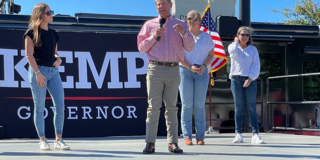 Republican Gov. Brian Kemp of Georgia speaks at a re-election rally on Sept. 27, 2022 in Alpharetta, Georgia.