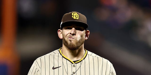 Joe Musgrove, #44 of the San Diego Padres, walks back to the dugout after closing out the fifth inning against the New York Mets in game three of the National League Wild Card Series at Citi Field on Oct. 9, 2022 in the Flushing neighborhood of the Queens borough of New York City.