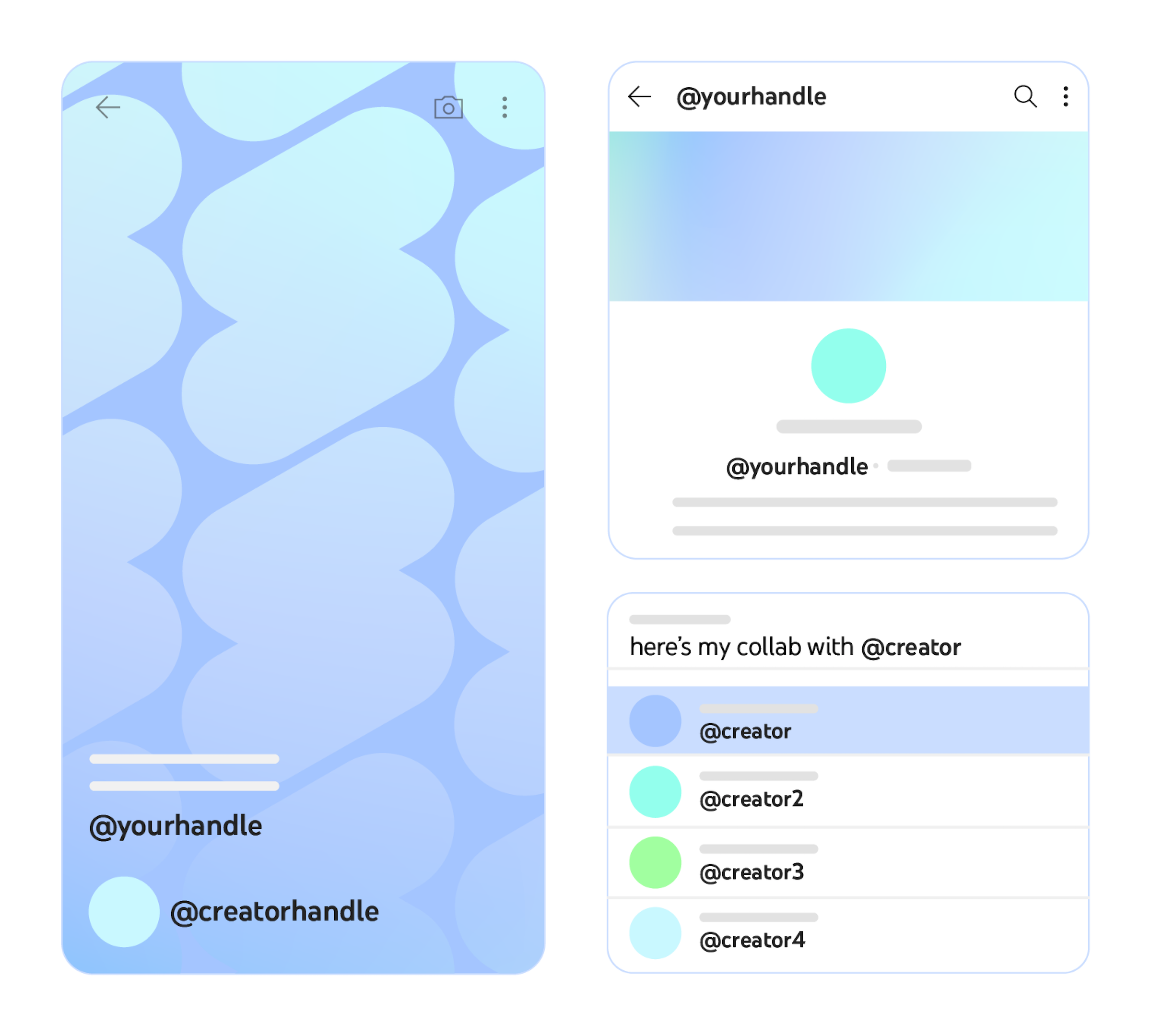 Three screens showing locations where user handles and creator handles will appear.