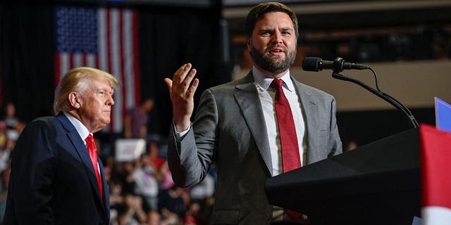 U.S. Senate Republican candidate JD Vance speaks to the crowd at a rally held by former President Trump in Youngstown, Ohio, Sept. 17, 2022. 