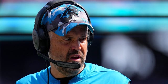 Head coach Matt Rhule of the Carolina Panthers looks on during the first half of the game against the New York Giants at MetLife Stadium on Sept. 18, 2022 in East Rutherford, New Jersey. 