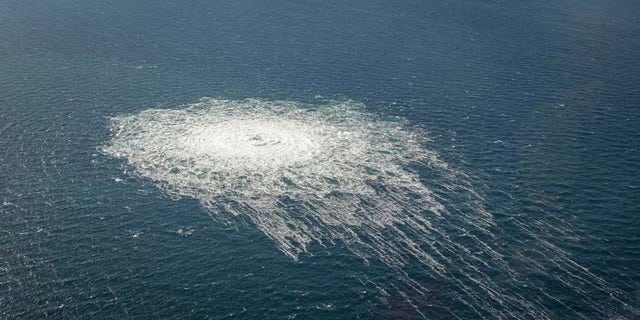 Danish Defense shows the gas leaking at Nord Stream 2 seen from the Danish F-16 interceptor on Bornholm, Denmark on September 27, 2022. (Photo by Danish Defence/Anadolu Agency via Getty Images)