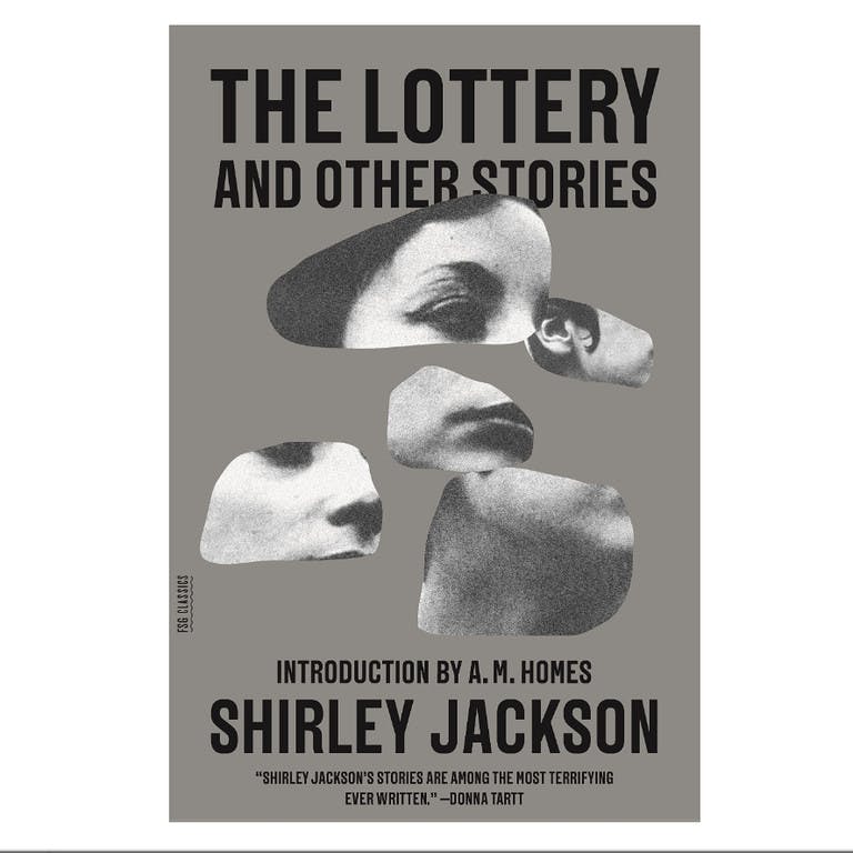 Book cover for The Lottery and other stories, showing a woman head in weird pieces