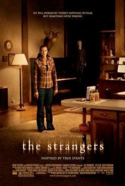 Movie poster showing a woman in a living room with a weird stranger entering the room, and the name of the movie The Strangers, with credits