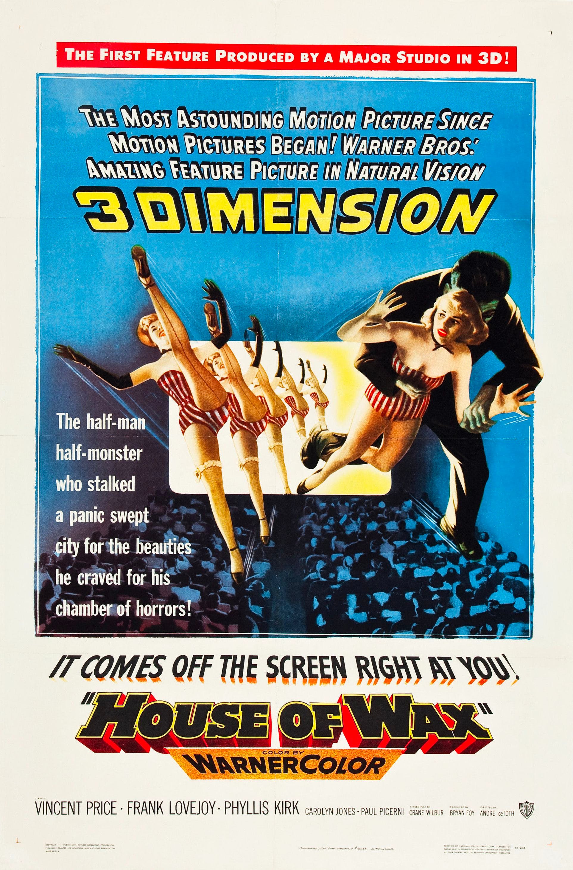 Poster for House of Wax announcing it’s in “3 Dimension” with chorus girls, one being kidnapped