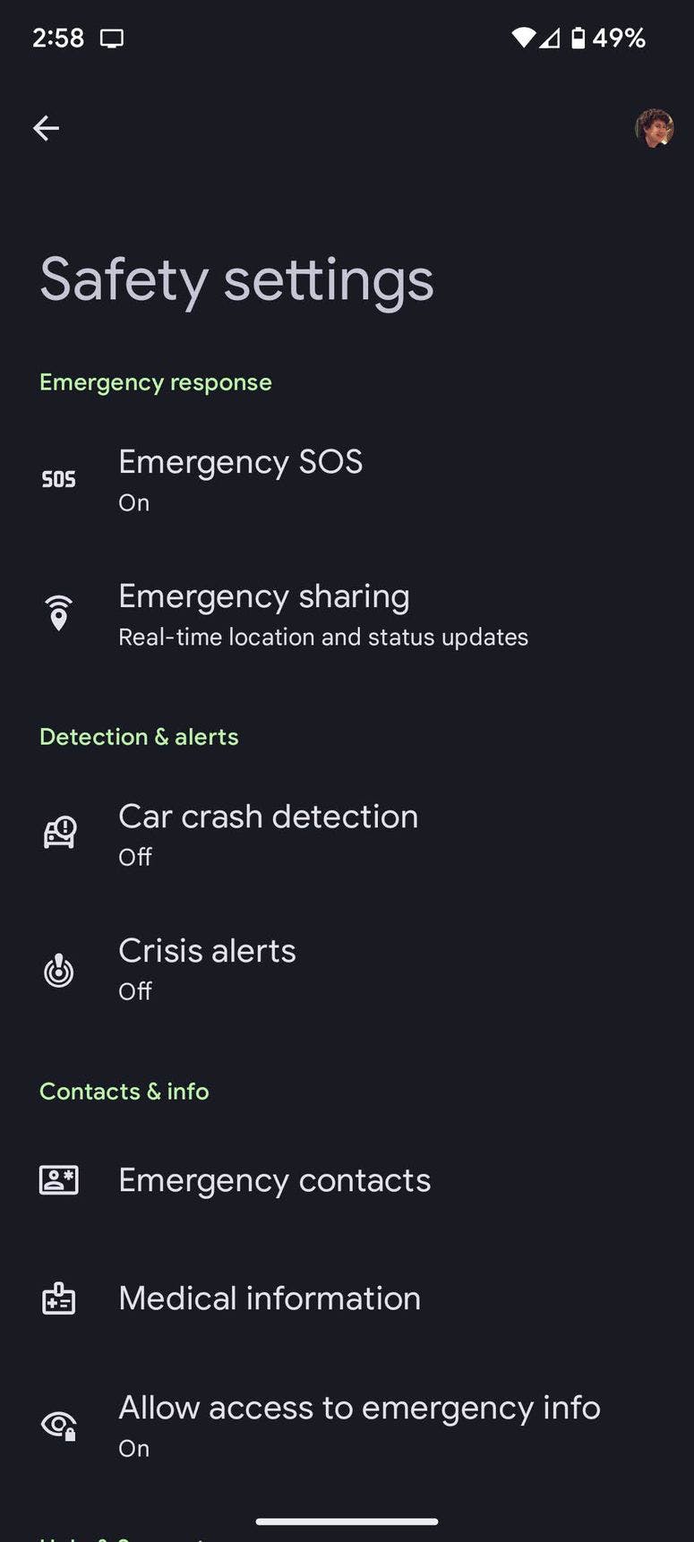 Safety settings screen