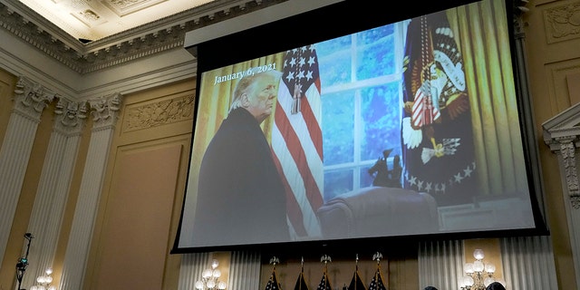 An image of former President Trump is displayed during a hearing by the House Select Committee to Investigate the January 6th Attack on the U.S. Capitol in the Cannon House Office Building on Oct. 13, 2022, in Washington, D.C.