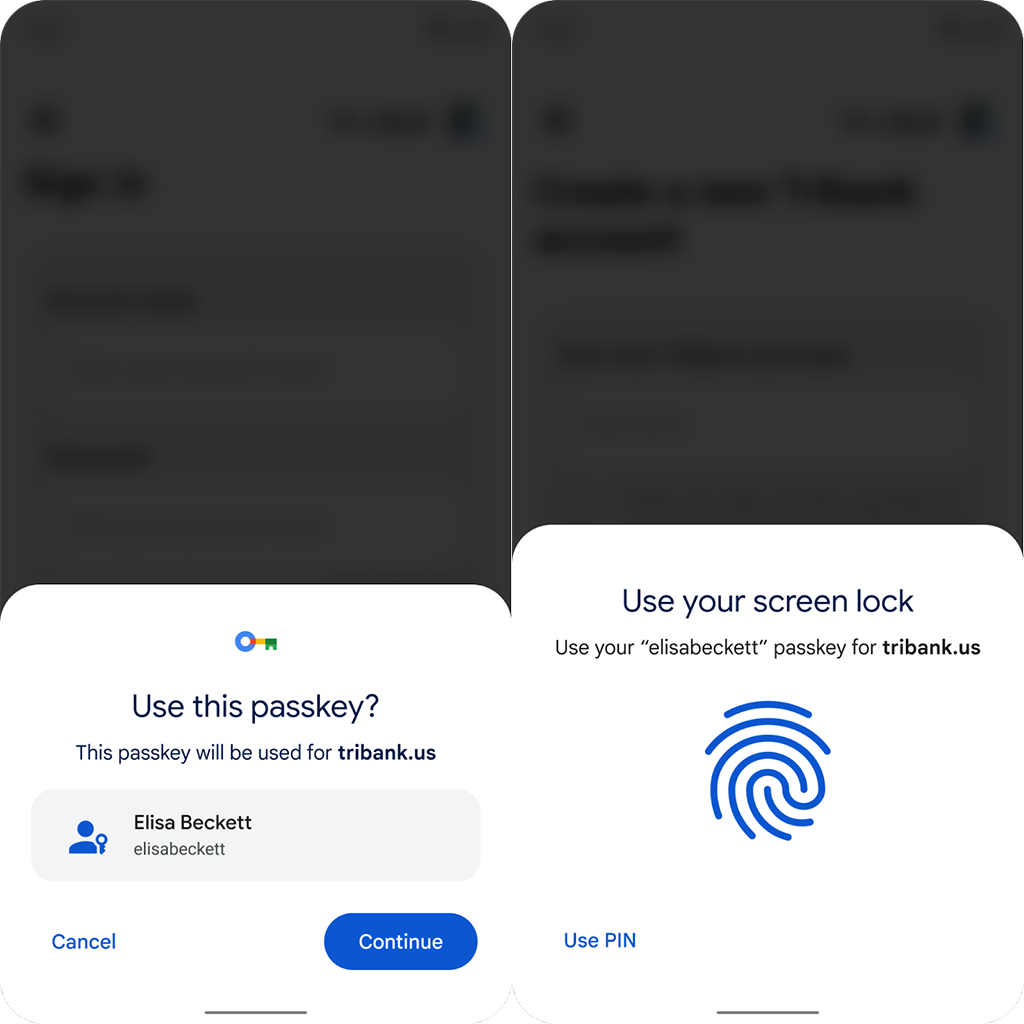 Screenshot showing Google’s use this passkey screen, which prompts you to choose the passkey you’d like to use. Next to it is a screenshot prompting the user to use their screen lock to use their thumbprint or PIN to unlock the account.
