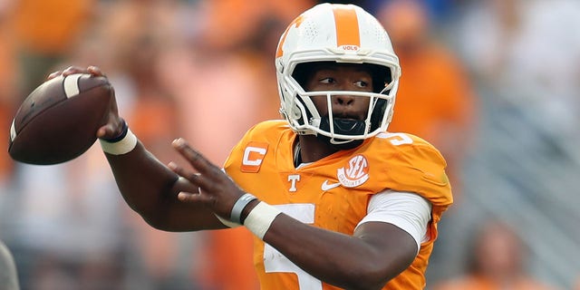 Hendon Hooker of the Tennessee Volunteers looks to throw against the Florida Gators at Neyland Stadium Sept. 24, 2022, in Knoxville, Tenn. 