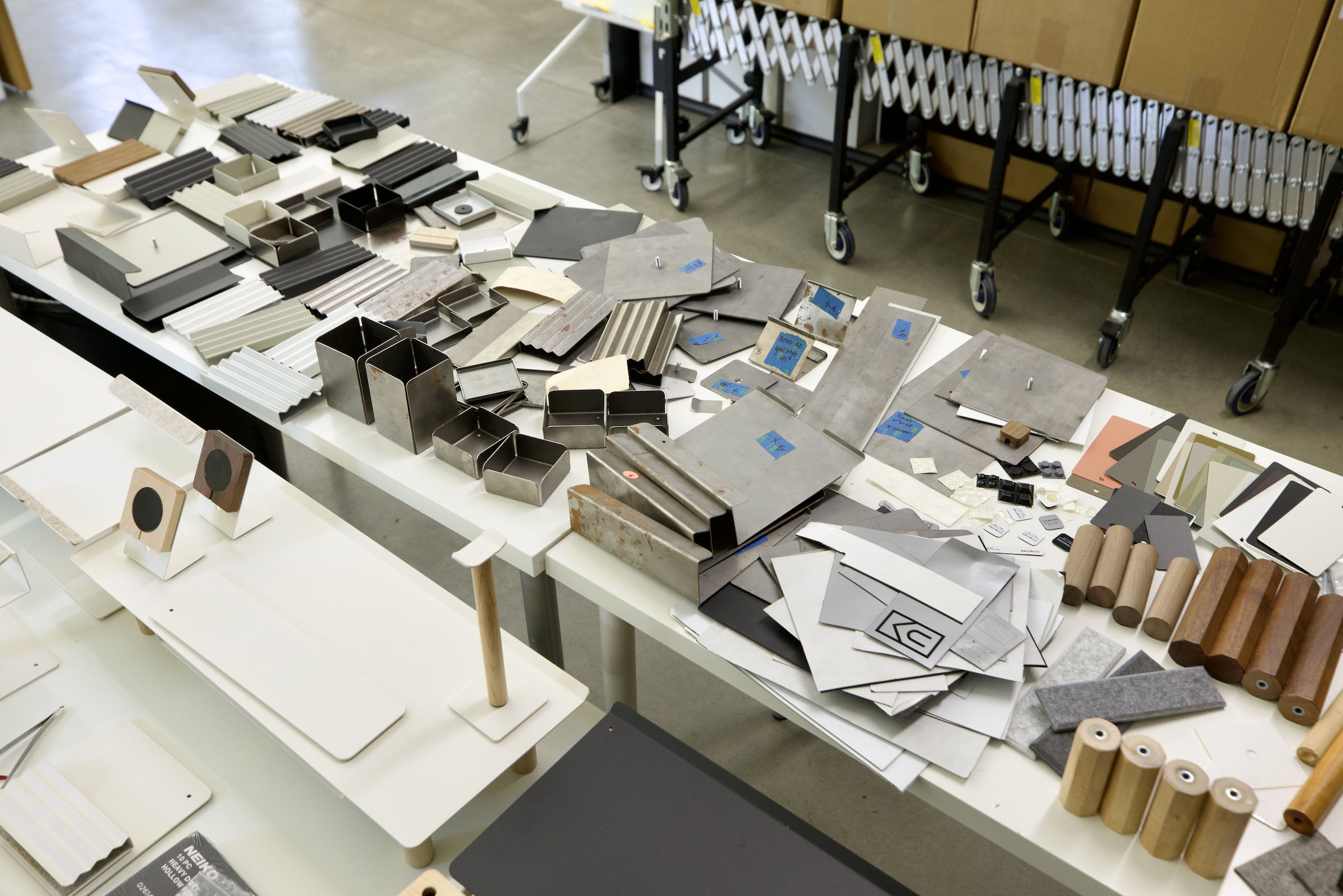 A table filled with parts that make up Gather’s accessory lineup.