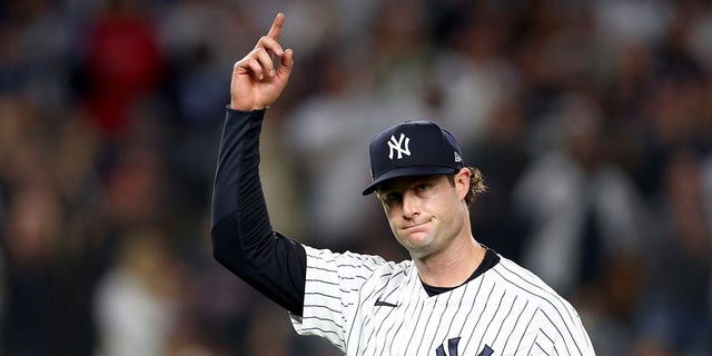 Gerrit Cole of the New York Yankees celebrates closing out the top of the sixth inning against the Cleveland Guardians in Game 1 of an American League Division Series at Yankee Stadium Oct. 11, 2022, in New York.