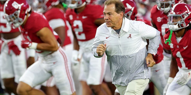 Head coach Nick Saban of the Alabama Crimson Tide leads the team onto the field prior to facing the Texas A&amp;M Aggies at Bryant-Denny Stadium Oct. 8, 2022, in Tuscaloosa, Ala. 