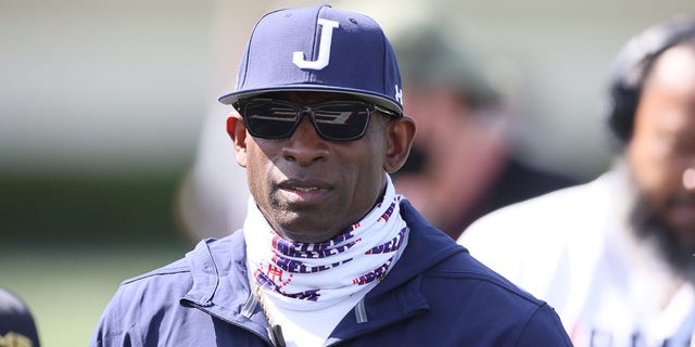 Closeup of Jackson State coach Deion Sanders before game vs Alabama A&amp;M at Mississippi Veterans Memorial Stadium.