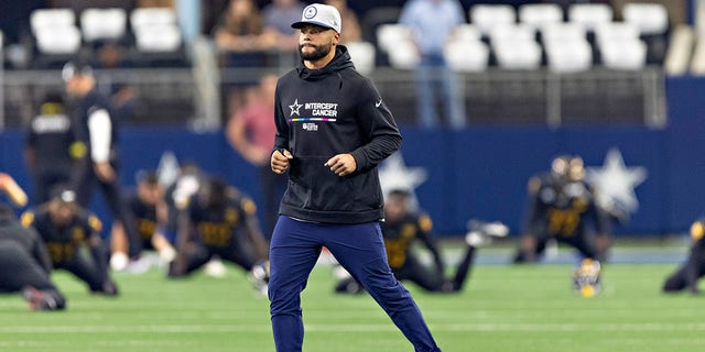 Dak Prescott #4 of the Dallas Cowboys on the field before a game against the Washington Commanders at AT&amp;amp;T Stadium on Oct. 2, 2022 in Arlington, Texas. The Cowboys defeated the Commanders 25-10.  