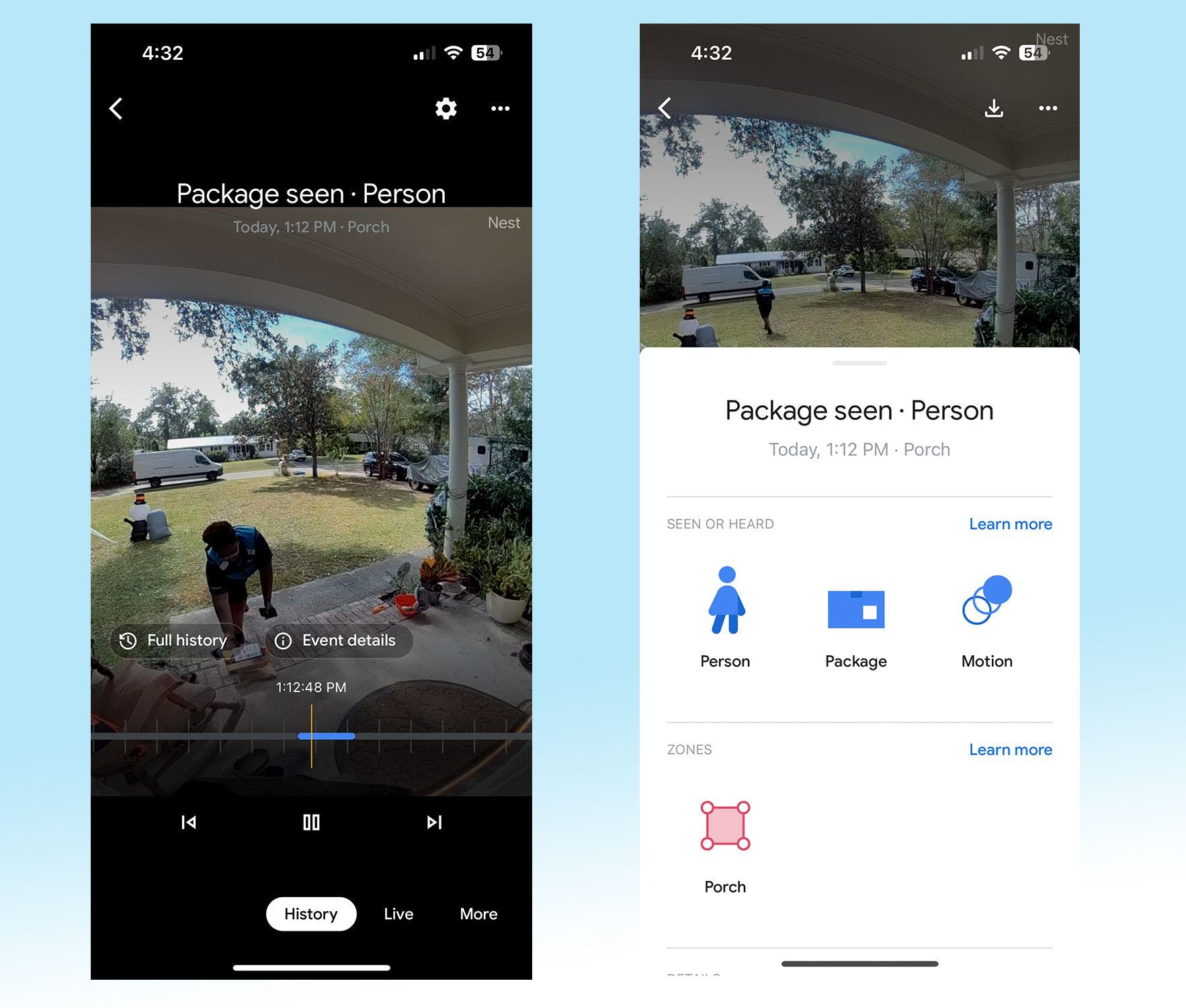 Two screenshots of the Nest app. On left, a still from a recording of a delivery person dropping off a package; on the right, a “Package seen - person” notification showing that the camera sensed a person, a package, and motion.