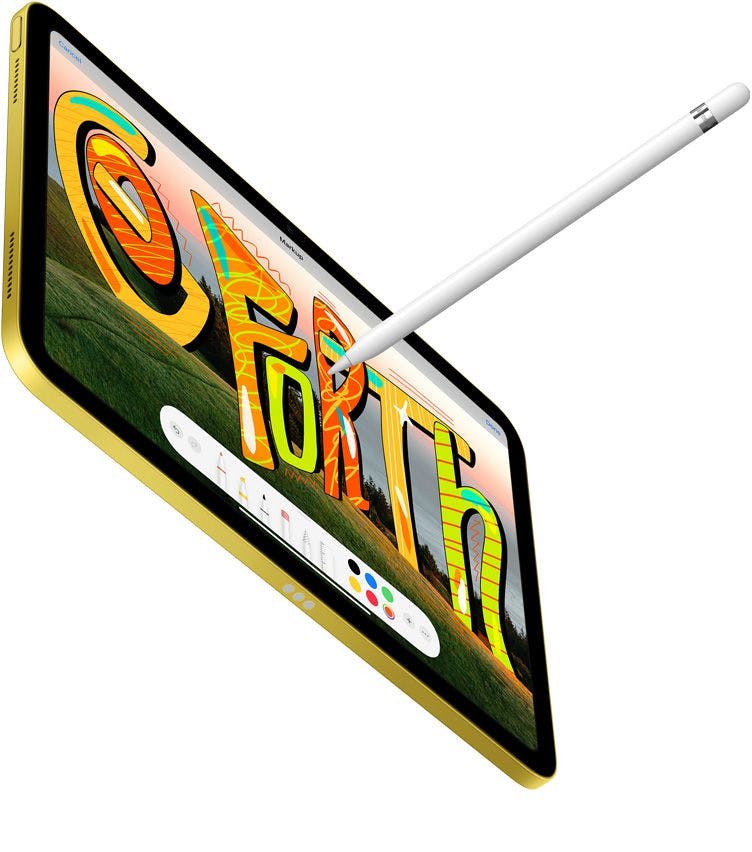 A first-generation Apple Pencil is shown with the 10th-generation iPad.