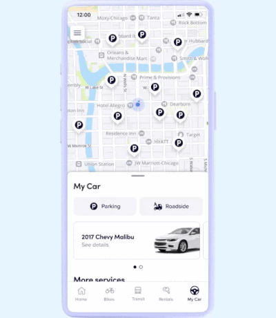 The Lyft app parking feature being demonstrated, going through the process of finding and reserving a space.