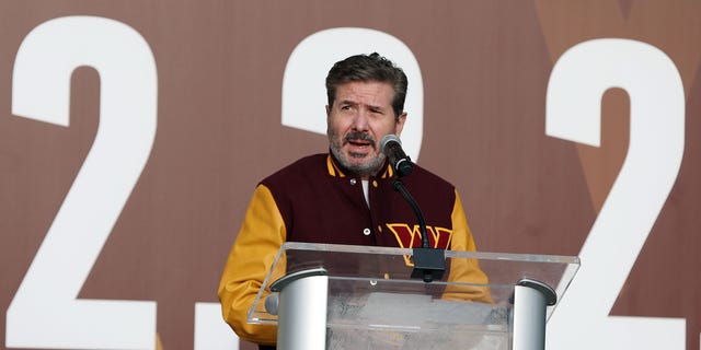 Dan Snyder speaks during the announcement of his team's name change to the Washington Commanders at FedExField on Feb. 2, 2022, in Landover, Maryland.