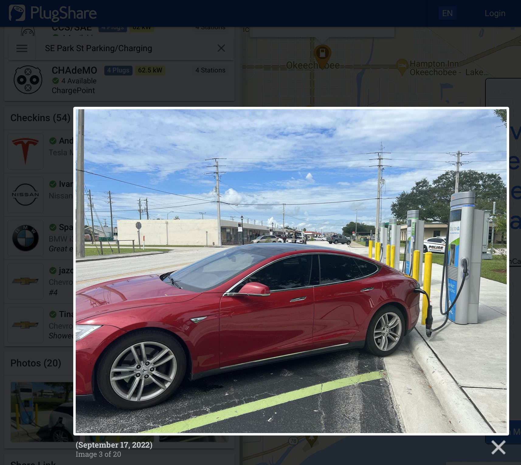 With no Supercharging stations around, PlugShare user William charged their Model S with a CHAdeMO adapter at this Okeechobee, FL FPL EVolution station.