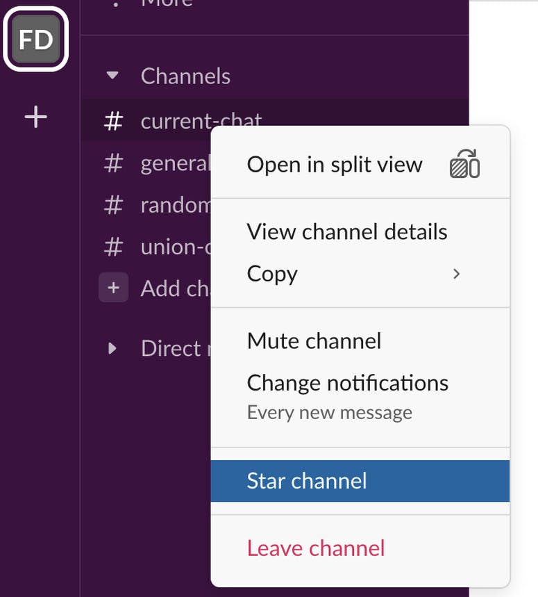 Lack side panel with drop down menu with “Star channel” highlighted