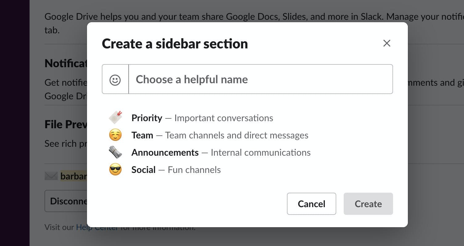 Popup windows called Create a sidebar section with a place to type in a name.