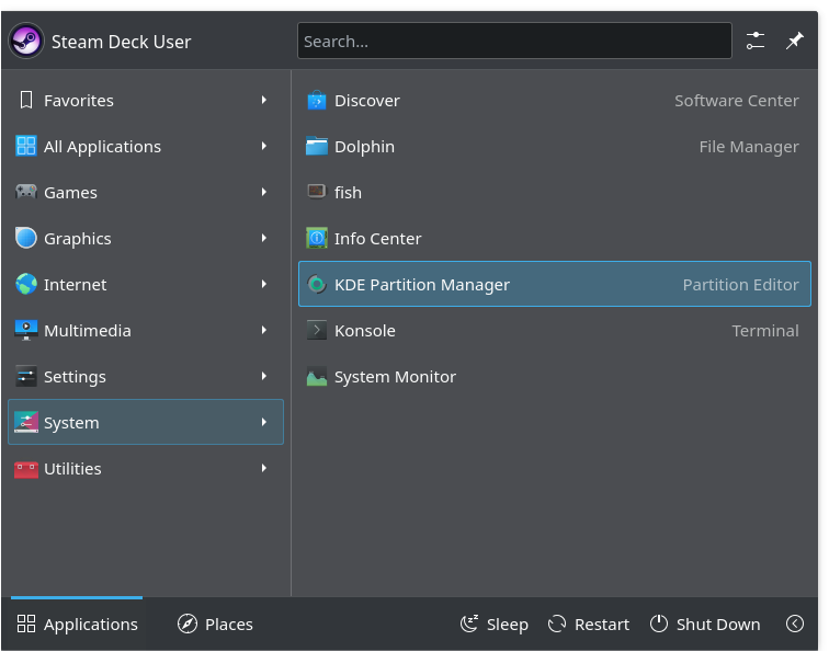 A screen showing the list of programs accessible through the Steam Deck’s desktop mode.