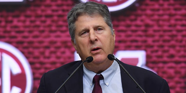 Mississippi State Bulldogs Head Coach Mike Leach addresses the media during the SEC Football Kickoff Media Days on July 19, 2022, at the College Football Hall of Fame in Atlanta, GA.