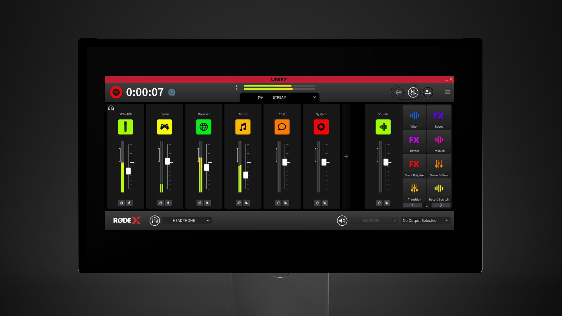 Rode X’s Unify audio mixing software as it would appear on a desktop computer.