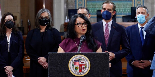 Then-Los Angeles City Council President Nury Martinez at podium is seen during a news conference at Los Angeles City Hall. Martinez resigned from the council amid public pressure over her comments on a leaked audio recording.