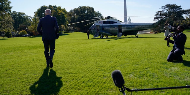 President Joe Biden walks to board Marine One on the South Lawn of the White House, Thursday, Oct. 20, 2022.