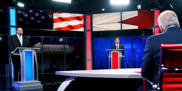 John Fetterman and Mehmet Oz in the Pennsylvania Senate debate on Oct. 25, 2022.