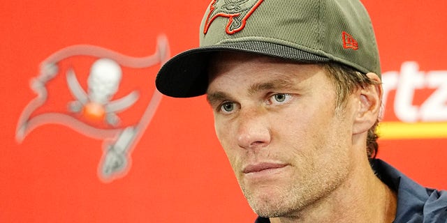 Tampa Bay Buccaneers quarterback Tom Brady talks to the media after his team's 21-3 loss to the Carolina Panthers in Charlotte, North Carolina, on Sunday.