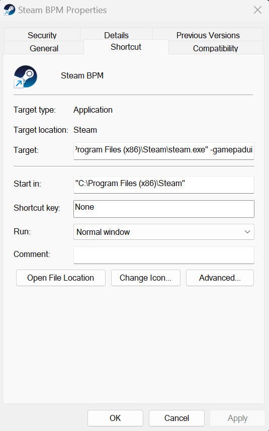 Image showing a Windows shortcut properties window. The Target field reads “C:Program Files(x86)Steamsteam.exe” -gamepadui