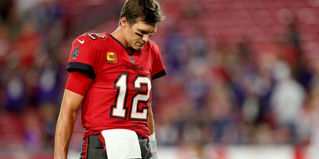 Tom Brady of the Tampa Bay Buccaneers during pregame warmups prior to a game against the Baltimore Ravens at Raymond James Stadium Oct. 27, 2022, in Tampa, Fla. 