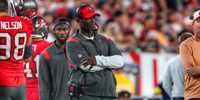 Tampa Bay Buccaneers head coach Todd Bowles looks to the field during a game against the Baltimore Ravens Oct. 27, 2022, at Raymond James Stadium in Tampa, Fla. 