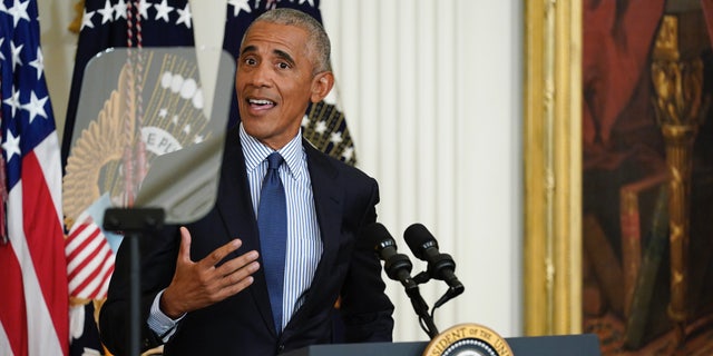 Former President Barack Obama speaks after he and former first lady Michelle Obama unveiled their official White House portraits during a ceremony in the East Room of the White House in Washington, D.C., on Sept. 7, 2022.